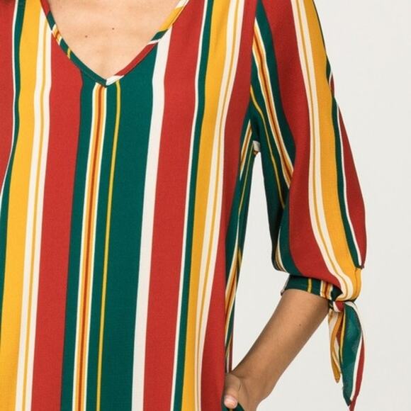 Entro | NWT Rustic Combo Vertical Stripe Tie Sleeve Short Shift Dress w Pockets - Picture 2 of 11